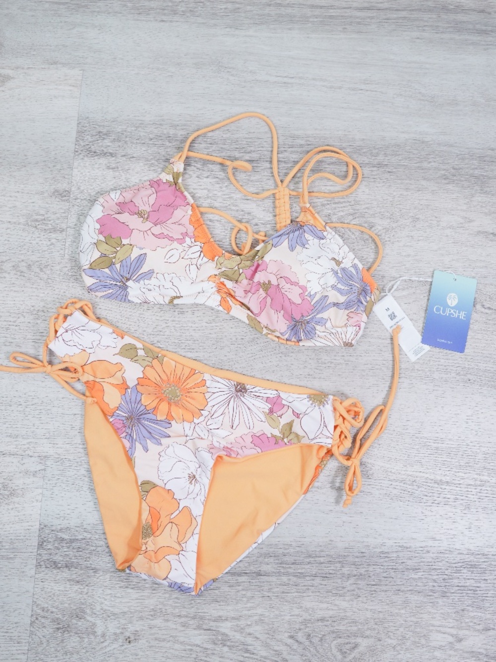 Cupshe Women’s Bikini Set Size M Floral Orange Strappy Tie Side 2 Piece NWT